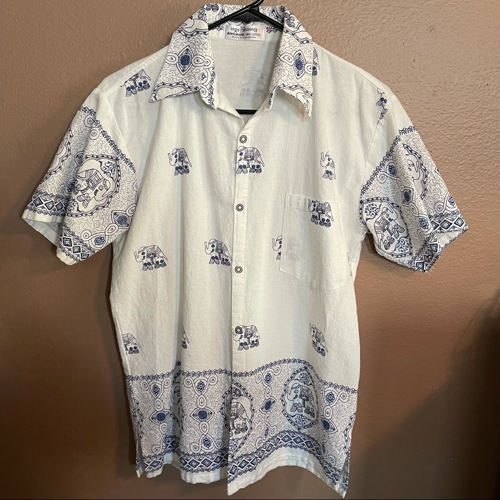 Men’s elephant print button up shirt from Cambodia size medium.